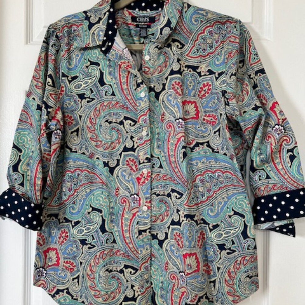 CHAPS Petite Paisley Button-Up Shirt – Petite Large – No Iron, Vibrant Print